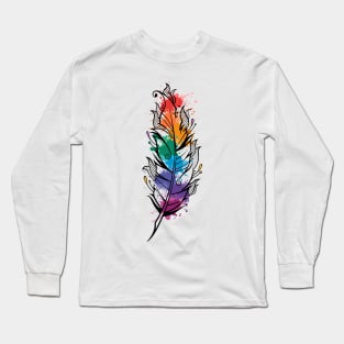 Beautiful colorful bird feather with watercolor paints Long Sleeve T-Shirt